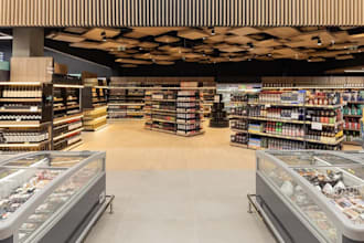 modern 3d supermarket interior design, furniture layout, grocery store adage
