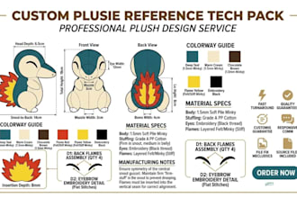 design plush reference sheet stuffed animal plush toy tech pack turnaround ych