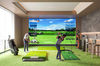 recreate 3d golf simulator, highend golf bar rendering, cafe layout, gym design