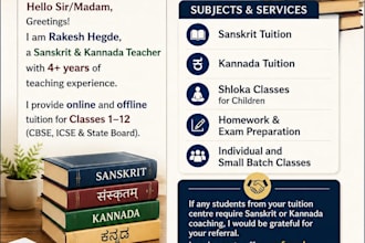 teach sanskrit and kannada from beginner to advanced level