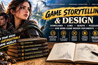 write an engaging game storylines, lore, dialogue, puzzle and quests for gdd