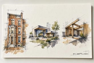 draw architectural sketches of buildings with watercolor