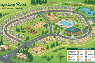 illustrate an eye catching rv resort, park community, and site map