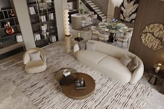 render detailed italian dining living room , curved velvet sofas,marble table