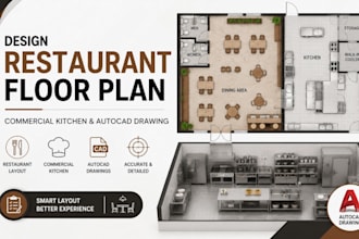 design restaurant floor plan, commercial kitchen and autocad drawings