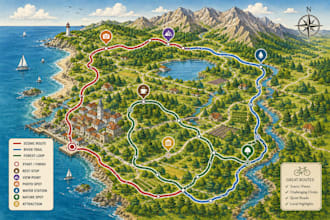 create cycling route maps travel maps, bike trail maps destination illustrations