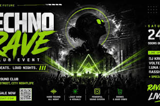 make the poster or flyer for techno rave club event