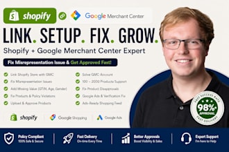 link shopify store with merchant center, run google ads, fix misrepresentation