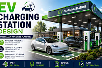 design a modern ev charging station with 3d rendering and site layout