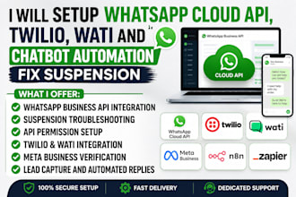 setup whatsapp cloud API, twilio, wati and chatbot automation fix suspension