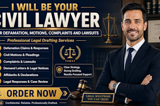 be your civil lawyer for defamation, motions, complaints and lawsuits