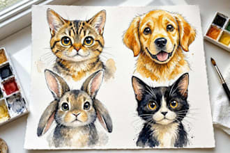 custom pet caricatures in watercolor