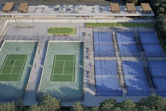 relayout padel facility,community fitness,clubhouse cafe,gym render,parking lot