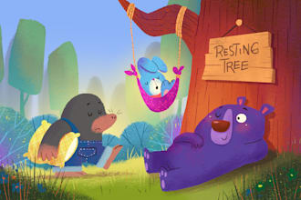 create cute whimsical children book illustration and cover