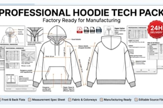create hoodie tech pack, apparel tech pack streetwear for clothing manufacturer