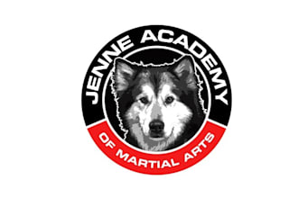 design vibrant martial arts logo with dog wolf focal point