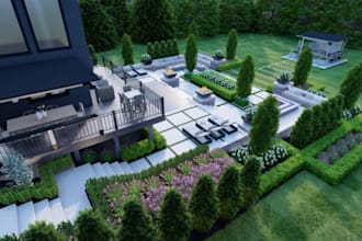 design backyard landscape, pergola pool rendering, patio 3d garden design render
