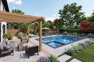 design backyard landscape, pergola pool rendering, patio 3d garden design render