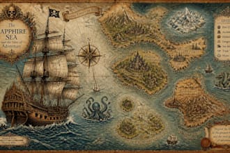 draw fantasy map or ship illustration with cool details