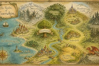 draw fantasy map illustration in vintage storybook style