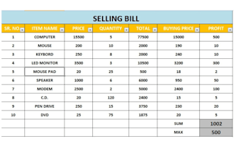 create a professional selling bill invoice in excel