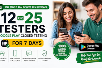 provide 12 testers or 30 testers for google play closed testing app for 7 days