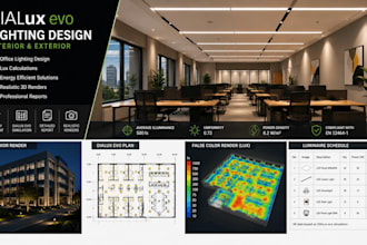design realistic renders, interior and exterior lighting, dialux evo office plan