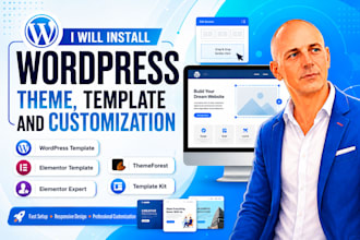 install wordpress theme, elementor template kit and customize