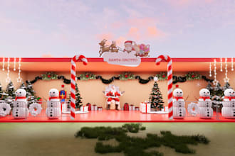 optimize 3d christmas display,santa grotto rendering,festive scene,holiday decor
