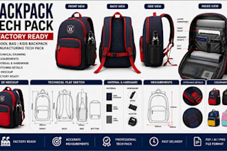 create backpack school bag 3d mockup tech pack for manufacturing factory ready