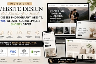 design pixieset photography website, wix website, squarespace and shopify store
