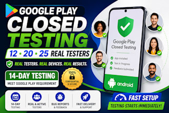 provide real 12 testers or 20 app testers, google play closed testing with guide