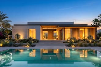 turn 2d plan into 3d desert modernism villa exterior,facade,swimming pool render