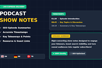 write podcast show notes, summaries, timestamps in 24 hours