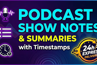 write podcast show notes, summaries, timestamps in 24 hours