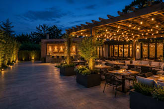 do photorealistic restaurant patio, cafe garden 3d rendering in sketchup lumior