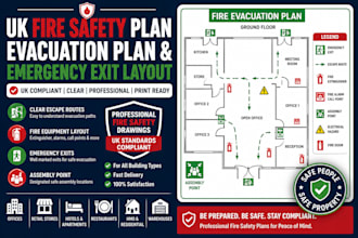 create UK fire safety plan, evacuation plan, and emergency exit layout