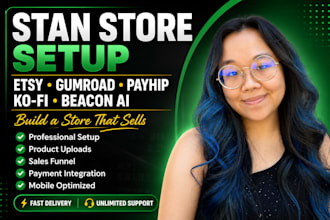 set up stan store, etsy shop, gumroad, payhip, kofi sales