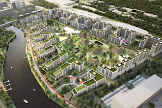 visualize site plan in 3d rendering,urban city plan design, 3d aerial masterplan