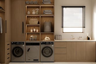 design a functional 3d laundry room, utility room, and washing area