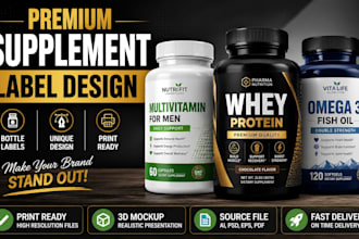 design premium supplement label and bottle packaging