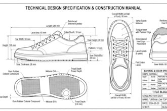 create tech pack for sneakers shoes flat footwear, in cad and technical drawing