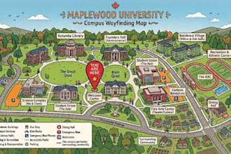 draw custom wayfinding map, campus map, university map and school vector map