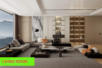 do 3d interior design for kitchen, bathroom, dining, bedroom, living room design