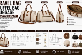 create travel bag duffel luggage 3d mockup tech pack for manufacturing