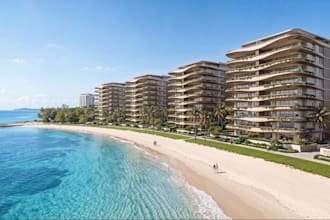 rebuild 3d beachfront condo, biophilic midrise apartment exterior, resort render