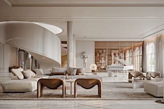 model elegant 3d living room interior, realistic furniture and space planning