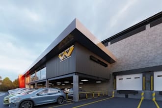 sketchup 3d commercial showroom,multi car parking garage,induatrial park render