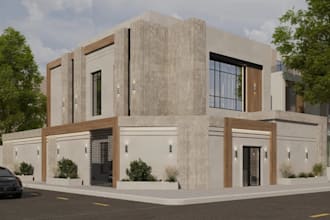 refine 3d minimal gated villa,concrete facade,frontyard elevation,elegant render