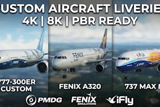 design custom aircraft liveries for pmdg 777 300er, fenix a320, ifly 737 max